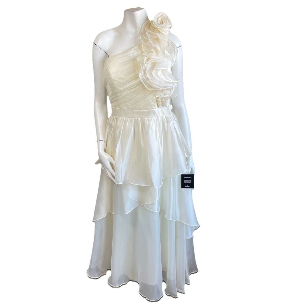 Lulus One‎ Shoulder Tiered Midi Dress Ruffle Prom Formal Gown M Cream
